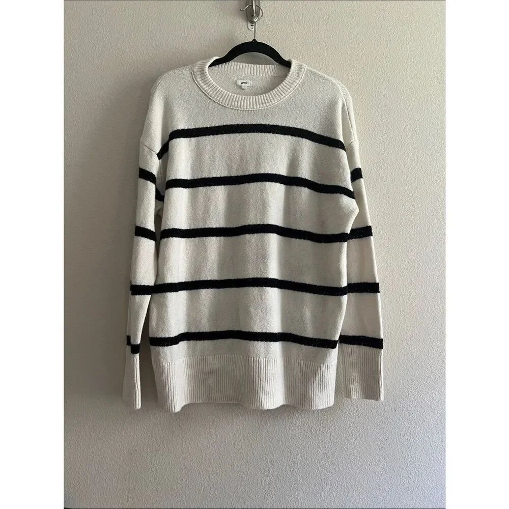 Aerie Striped Crewneck Sweater Ivory Black Oversized Soft Knit Pullover Size XS